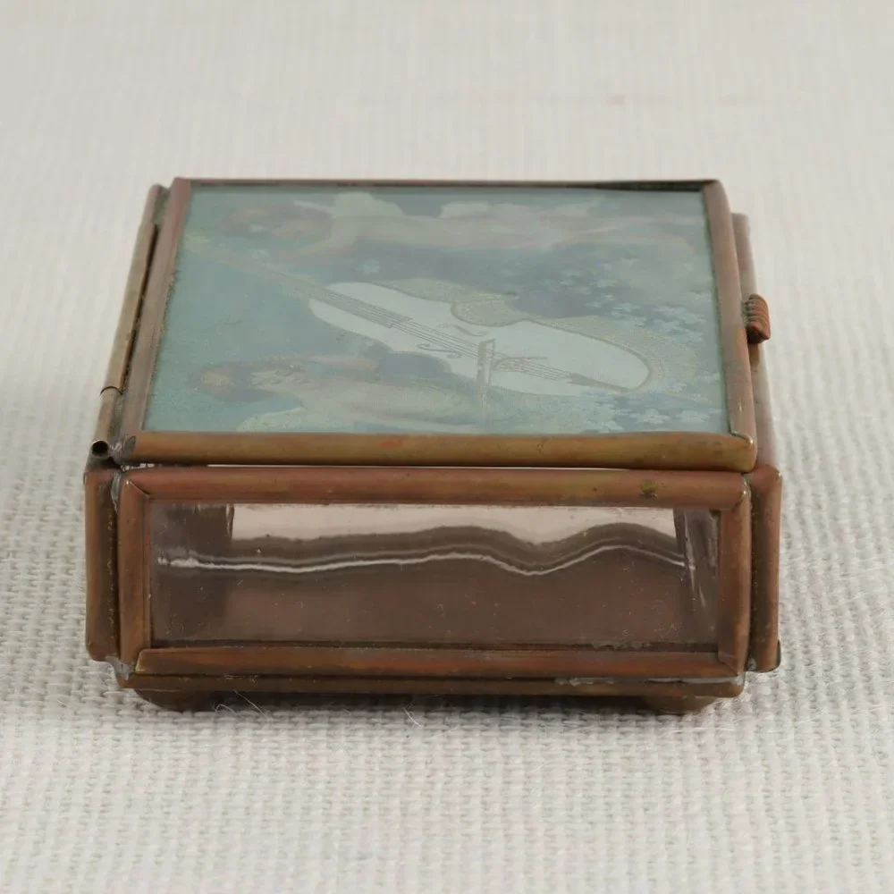 Vintage Cupid Angel Glass Brass Jewelry Trinket Box